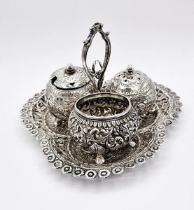 ANTIQUE INDIAN COLONIAL KUTCH SOLID SILVER CRUET SET & STAND c1890 - Picture 1 of 8