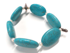 925 Silver, oval turquoise blue stone bead, freshwater pearl elastic bracelet