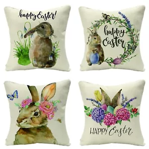 Easter Ribbit Linen Pillow Covers 18x18 Inch Set of 4 Easter Decorations gift - Picture 1 of 9