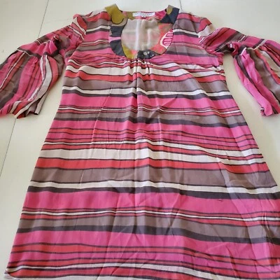 VESTIDO VAINA TRINA TURK BONITA ROSA/MARRÓN RAYAS SEDA MANGA CAMPANA MUJER TALLA 6 Foto 1 de 4