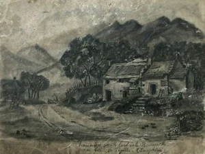 Antique Charcoal Drawing signed Gautier Thatched Cottage, Romanche, Vizilles - Picture 1 of 8