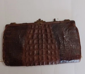 Hornback Alligator Antique Chocolate Brown Clutch Purse Leather interior Vintage - Picture 1 of 12