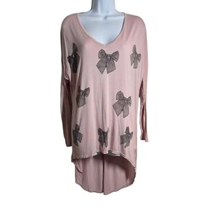 Lauren Moshi size XS pink oversized Long sleeve tee black bow print hi low NWT - Picture 1 of 8
