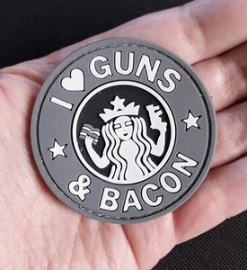 I LOVE GUNS & BACON 3D PVC Hook Fastener Backing Tactical Morale Combat PATCH - Picture 1 of 10