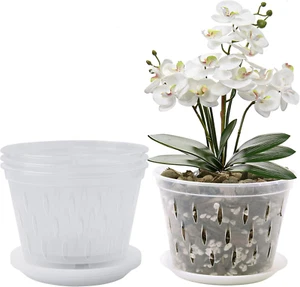Orchid Pot, 8 Inch 4 Pack Orchid Pots with Holes and Saucers, Clear Plastic Orch - Picture 1 of 12