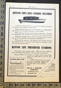 1913 KENYON BOAT LIFE PRESERVER CUSHION TARP WAUKESHA JIFFY TOP CANOPY AD 33479 - Picture 1 of 1