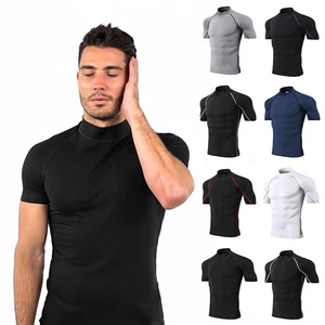Mens UV Rash Vest Guard Stretch Swim Top Flat Seams Rashie Mock Neck Base Layer - Picture 1 of 12
