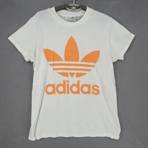 Adidas Shirt Womens 8 White Orange Trefoil Big Retro Logo Casual Short Sleeve - Picture 1 of 23