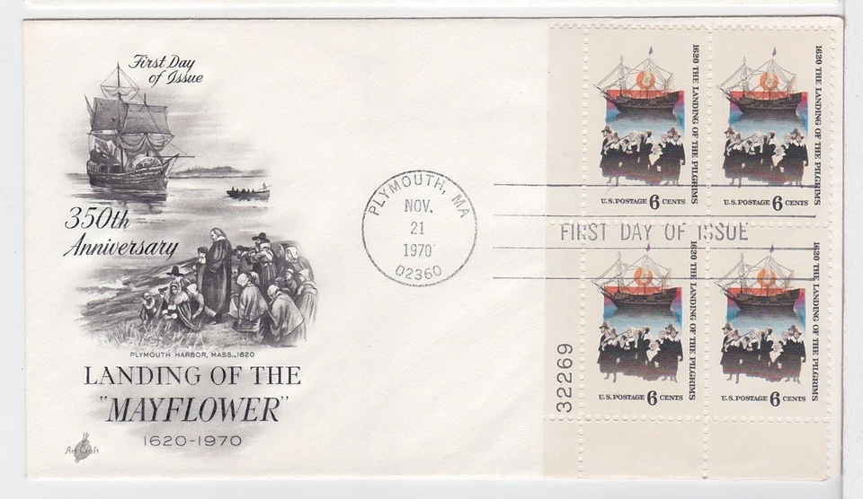 TurtlesTradingPost- Mayflower & Pilgrims 1970 FDC #1420 Artcraft- Plate Block - Image 1 of 1