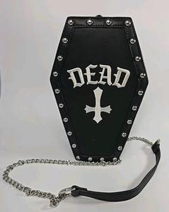 Current Mood Black Coffin-shaped Goth Purse DEAD / Cross w/ Chain Strap 11" × 7" - Imagen 1 de 13