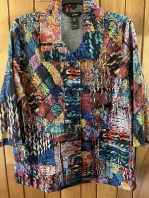 Chaqueta Blazer Ali Miles 1X Azul Multi Abstracto Tejido Cepillado 3 Botones 2 Bolsillos Foto 1 de 4