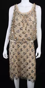NAEEM KHAN NWT Nude Silk Mesh Silver Beaded Blouson Cocktail Dress 18 - Picture 1 of 8