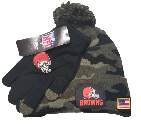 Cleveland Browns NFL Salute to Service Beanie Winter Hat & Gloves Green Black Cover