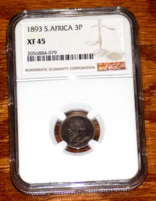 1893 South Africa Silver ZAR Three Pence 3P NGC XF 45 Boer War Certified Coin - Image 1 of 4