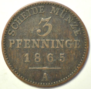 mw24941 German States Prussia; 3 Pfennig 1865 A Wilhelm I Berlin Mint KM#482 - Picture 1 of 2