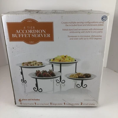 Platos blancos de cerámica para servidor buffet de 4 niveles con soportes negros caja abierta Foto 1 de 4