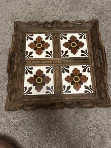 VTG Mexican Hand Carved Wood & Ceramic Floral 4 Tile Serving Tray Trivet 14” EUC - Picture 1 of 8