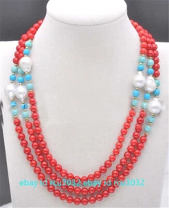 6mm Natural Red Coral & Blue Turquoise Gems & White Keshi Pearl Necklaces 50" AA - Picture 1 of 12