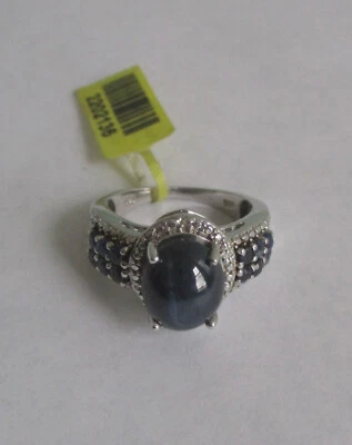 Anel oval estrela azul safira chatoyancy 0,925 prata esterlina tamanho 8 veja o vídeo - Imagem 1 de 4