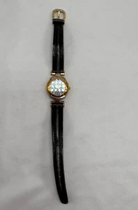 Vintage Fossil Watch Womens Abalone Shell Black Leather Band Hong Kong *READ* - Picture 1 of 11