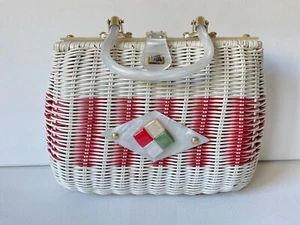 Vintage 50's / 60's red and white wicker purse with marbled lucite - Picture 1 of 7