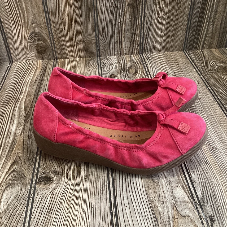 Zapatos planos de ballet FitFlop FF2 talla US 6,5 rosa gamuza moño sin cordones para mujer cómodos Foto 1 de 4