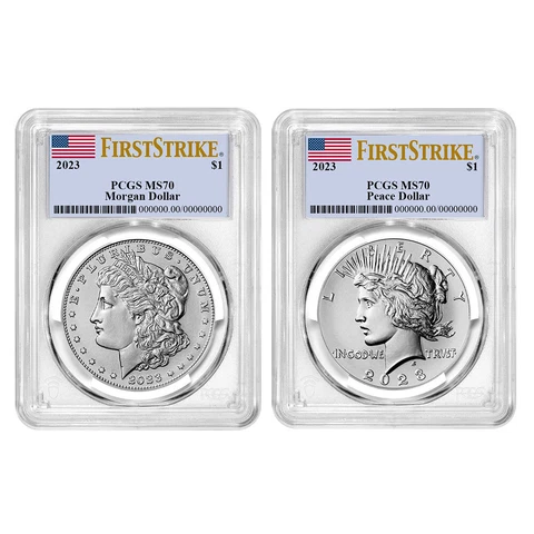 2023 $1 Morgan and Peace Silver Dollar 2pc Set PCGS MS70 FS Flag Label Cover