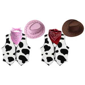 Kids Cowboy Cowgirl Cosplay Fancy Dress Printed Vest with Bandanna Felt Hat Set - Picture 1 of 31