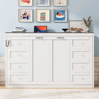 Cama Murphy Madera Tamaño Doble con Luz LED,Moderna Cama Armario Pared Oculta,Blanca Foto 1 de 4