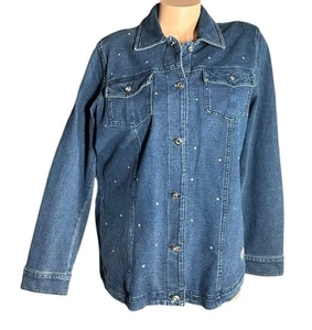 Quacker Factory Dream Jeannes Dark Wash Rhinestone Knit Denim Jean Jacket Size M - Picture 1 of 12