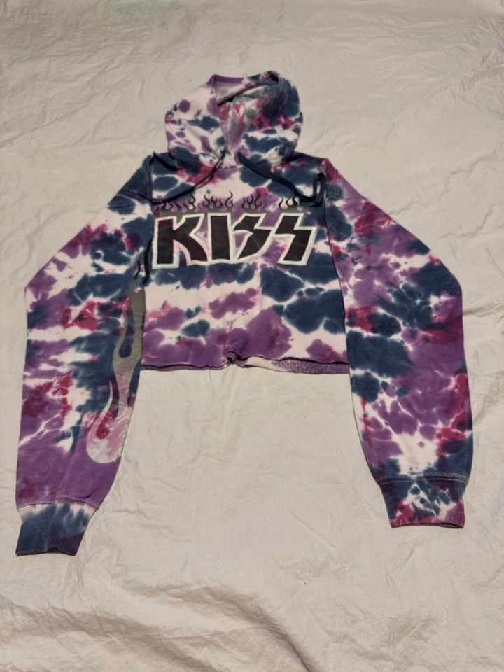 Sudadera con Capucha KISS Mujer Tie-dye Rosa Gris Borde Corto Vivo, Top Corto, Talla XS Foto 1 de 4