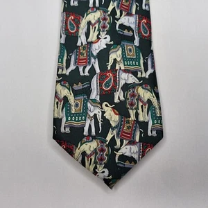 Rene Chagal Tie Green Elephants White Beige Hand Made Myung Ju Silk Neck Tie - Picture 1 of 9