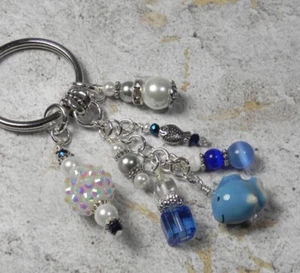 Fish Beach Theme Crystal Glass Beaded Handmade Keychain Split Key Ring Blue - Picture 1 of 4