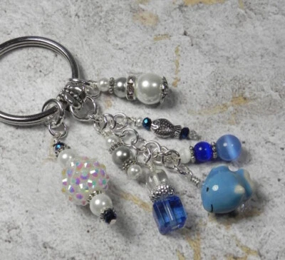 Fish Beach Theme Crystal Glass Beaded Handmade Keychain Split Key Ring Blue - Image 1 of 4