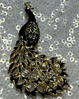 Vintage unsigned EISENBERG Black Enamel and Gold-plate Rhinestone Peacock Brooch