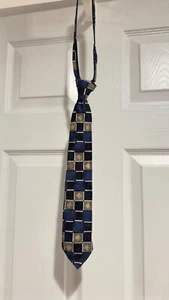 Boys silk zipper tie black, blue gold block pattern - Picture 1 of 4