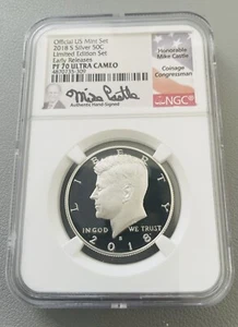 2018 S SILVER KENNEDY HALF DOLLAR 50C NGC PF70 Ultra Cameo -Mike Castle signed - Picture 1 of 2