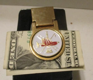 Fireman Money Clip gold tone w/enameled cabochon, small box see photos - Picture 1 of 6