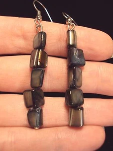 dainty dark gray abalone sea shell triangle chip + silver tone dangle earrings - Picture 1 of 1
