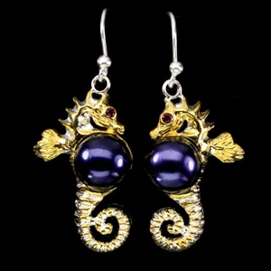 925 Sterling Silver Earrings Pearl Rhodolite Garnet Sea Horse Gemstone Jewelry - Picture 1 of 9