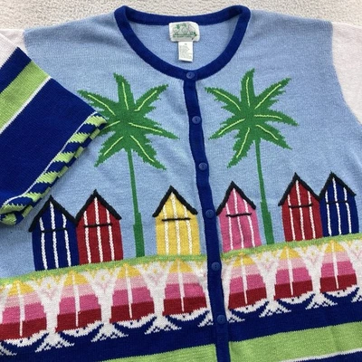 Vtg Quacker Factory Knit Sweater Cardigan Womens 3X Multicolor Fish Beach Button - Image 1 of 4