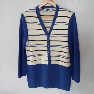 St. John Knit Striped Long Sleeve Vtg Cobalt Blue/Black Cardigan Sweater Size 10 - Picture 1 of 10