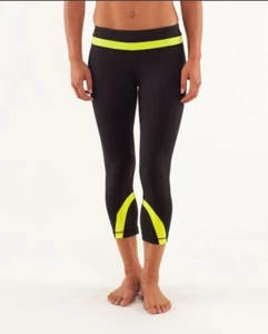 Lululemon Size 4 Run Inspire Crop Black Split Pea Stripe Athletic Leggings - Picture 1 of 12