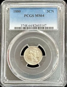 1880 US THREE CENT 3C NICKEL COIN PCGS MINT SATE 64 - Picture 1 of 2