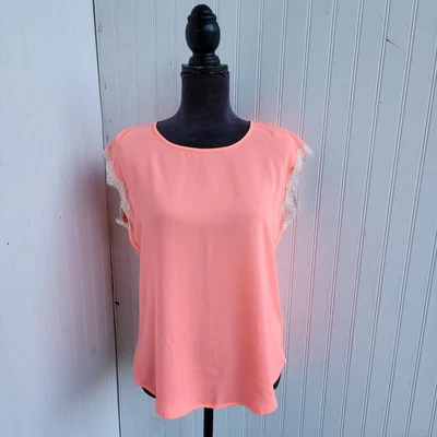 SOULMATES Womens White LACE PINK PEACH BLOUSE Round Neck Sz S - Изображение 1 из 4