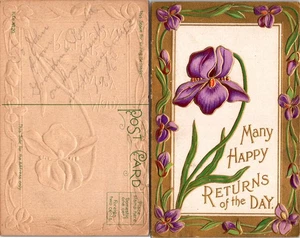 Vintage Art Nouveau Postcard Happy ReBirthday with Purple Iris - Picture 1 of 1
