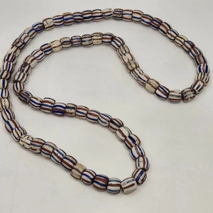 ANTIQUE VENETIAN AMERICAN FLAG STRIPED RED CORE GLASS TRADE BEADS NECKLACE 38" - Picture 1 of 8