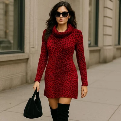 INC Red Cowl Neck Y2K Retro Cozy Soft Animal Print Flare Sleeve Mini Dress Sz S - Image 1 of 4