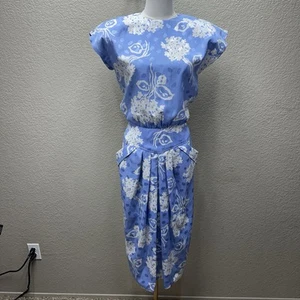 Charles Bianco Italian Collection Vintage Silk Blue Floral Midi Dress Sz 6 - Picture 1 of 13