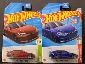 HOT WHEELS - TESLA MODEL S PLAID. RED & BLUE. SET OF 2. NIB! - Picture 1 of 7